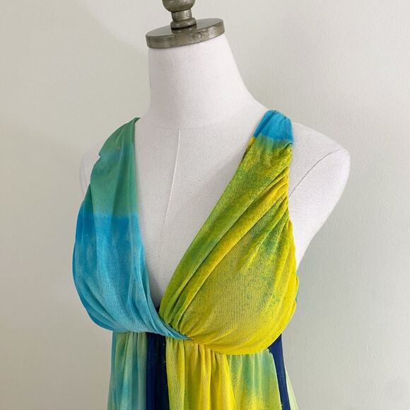 Vintage 90s/Y2K Vivienne Tam Blue & Yellow Halter Sun Dress Women's Sz Small EUC - Picture 2 of 6